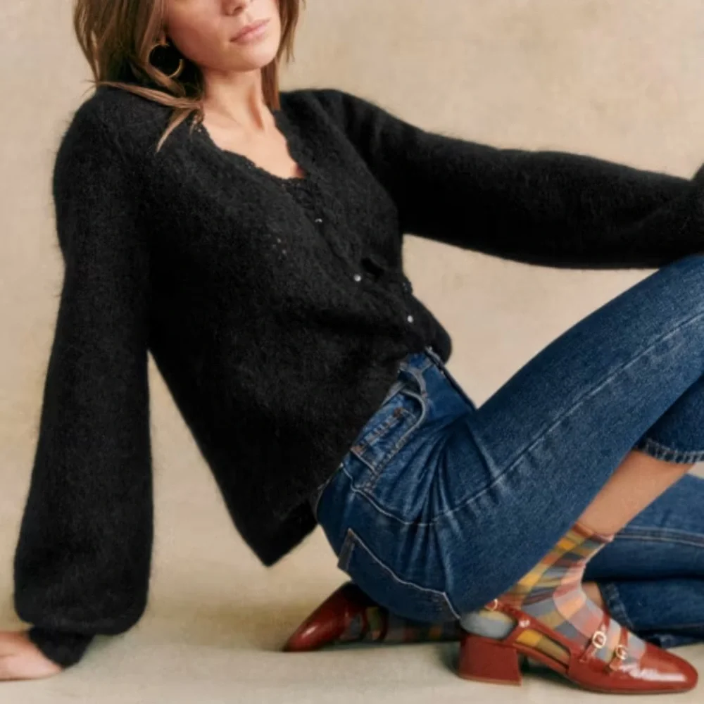 Sézane Angie Balloon Sleeve Button Front Cardigan Sweater Wool Kid Mohair Sz M - Picture 4 of 14